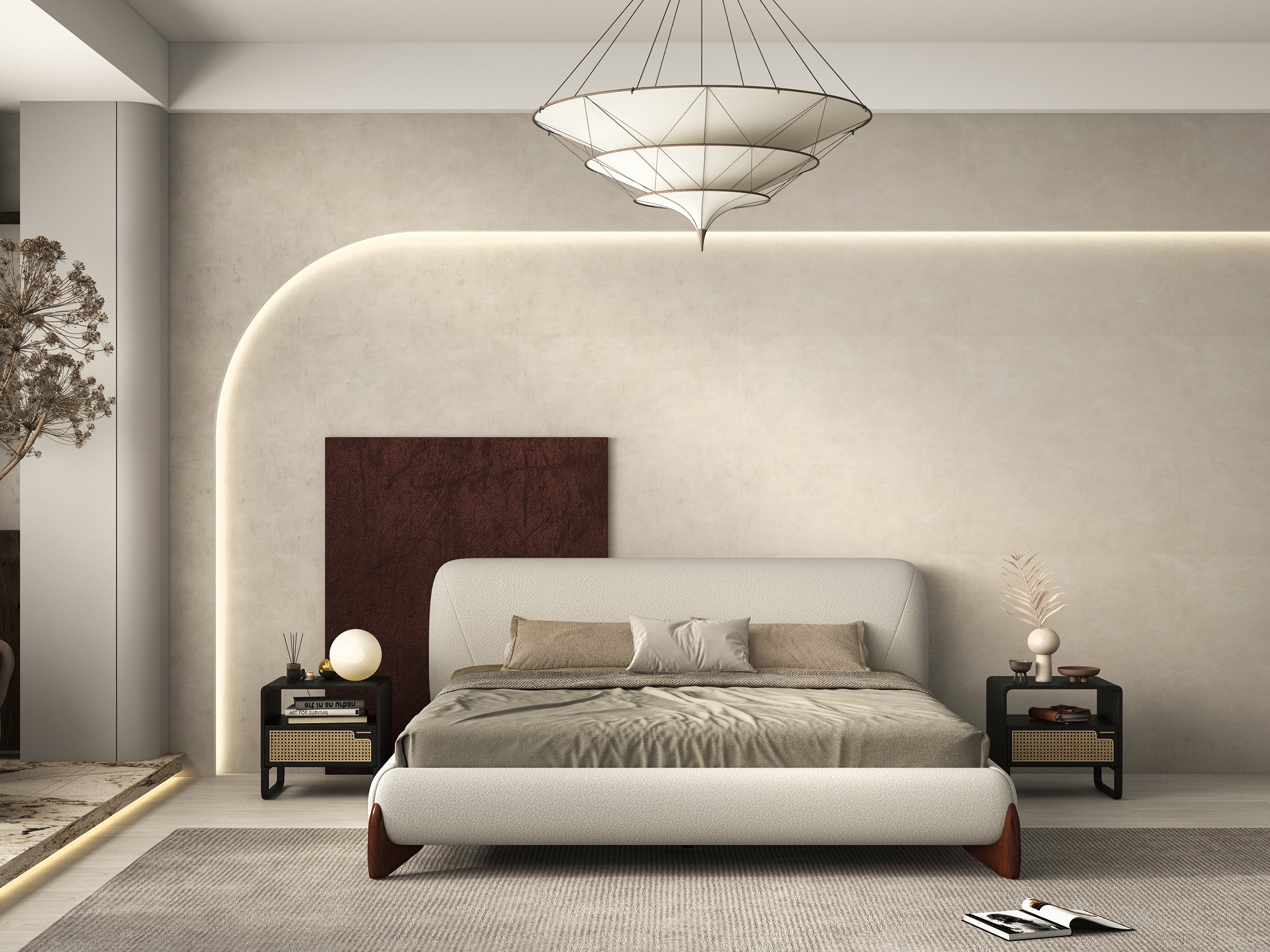 HMR Curva Boucle King Upholstered Platform Bed with Walnut Legs - White, 76"W x 80"L, Walnut