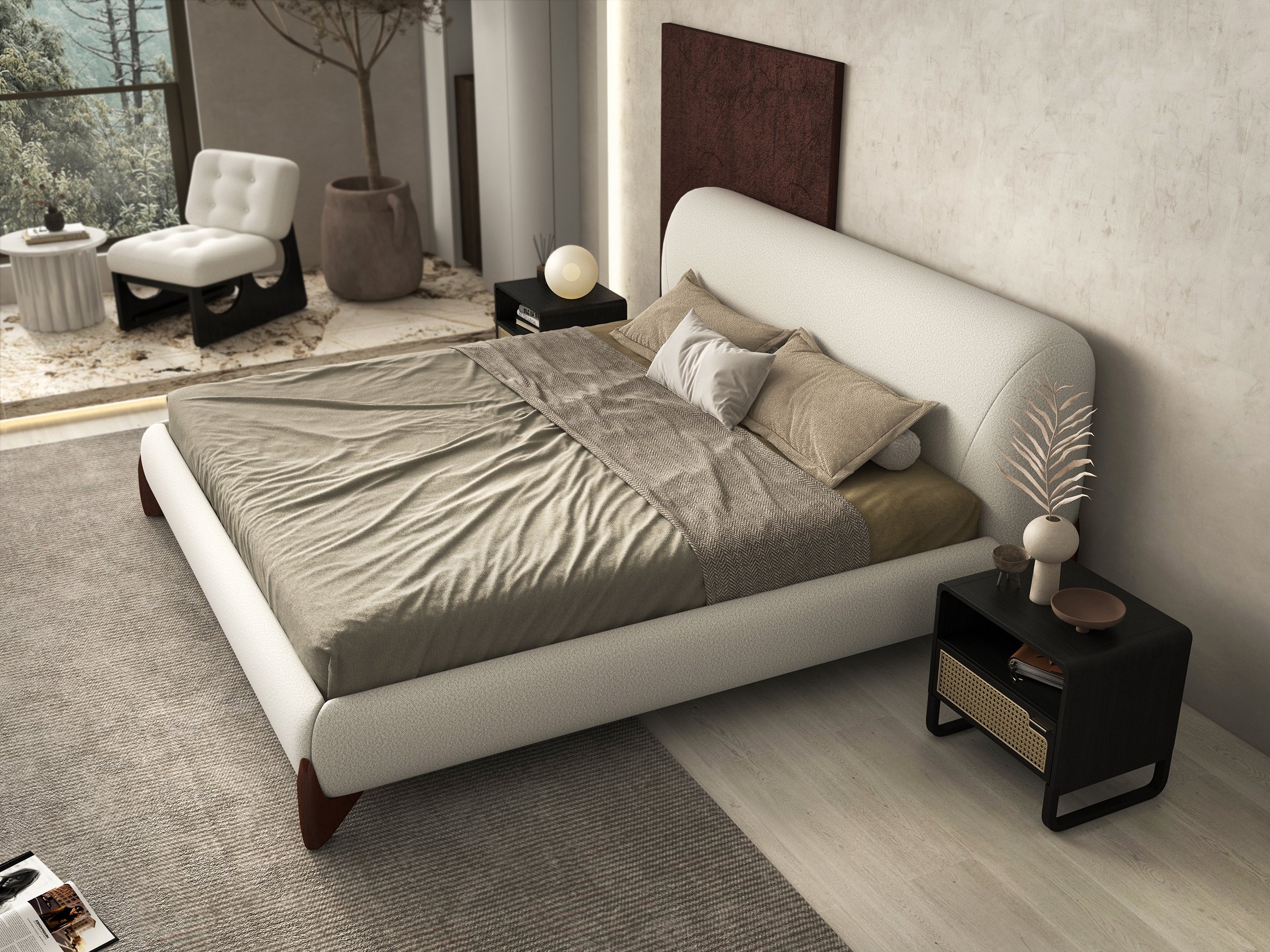 HMR Curva Boucle King Upholstered Platform Bed with Walnut Legs - White, 76"W x 80"L, Walnut