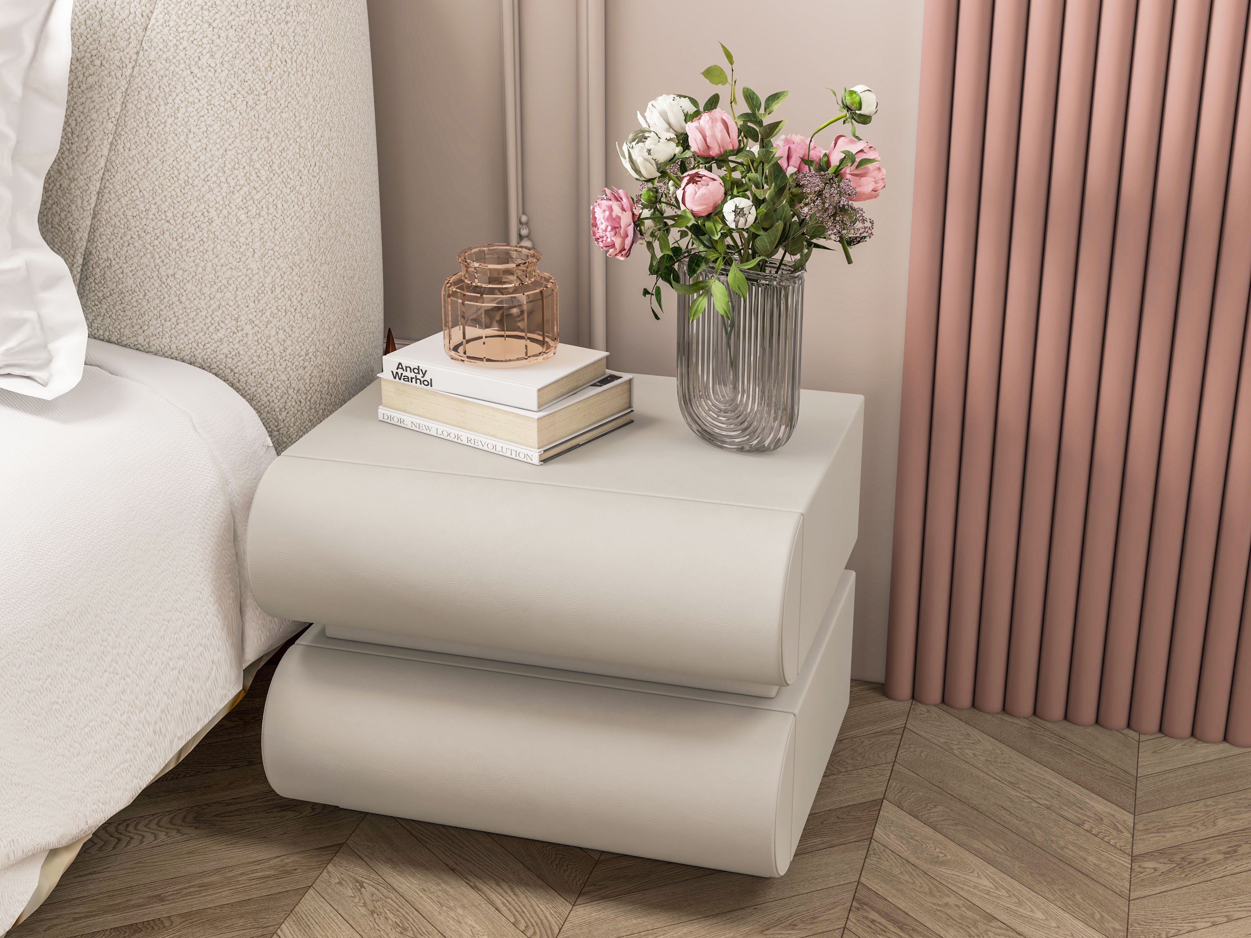 HMR Curva Boucle King Upholstered Platform Bed with Walnut Legs - White, 76"W x 80"L, Walnut