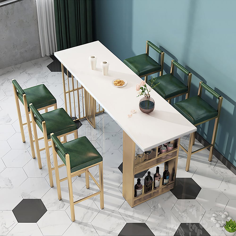 HMR - 63" Modern White Metal Bar Height Table with Shelves & Storage in Gold