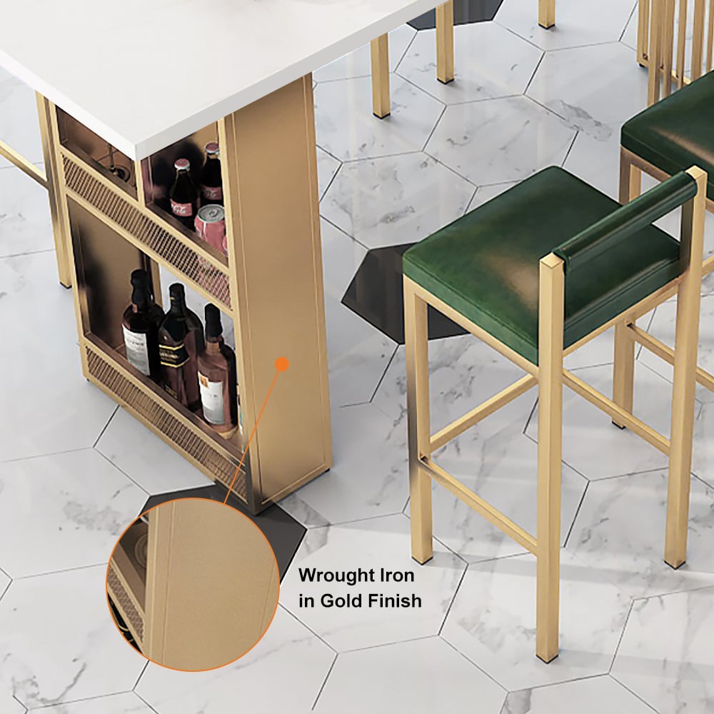 HMR - 63" Modern White Metal Bar Height Table with Shelves & Storage in Gold
