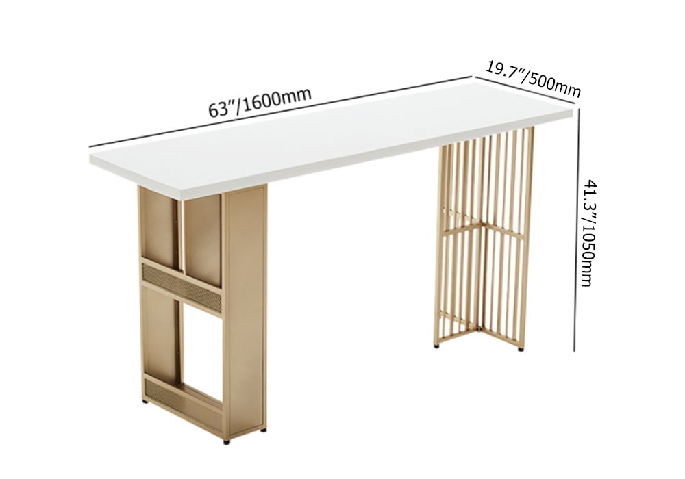HMR - 63" Modern White Metal Bar Height Table with Shelves & Storage in Gold