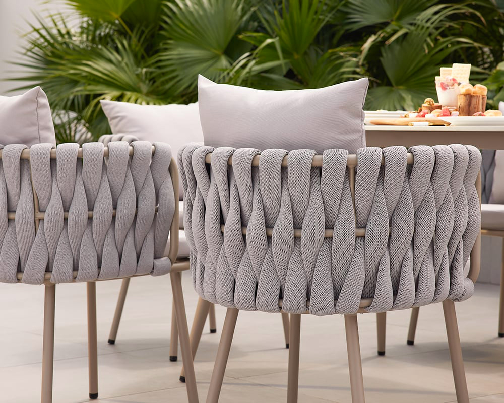 HMR - Outdoor Faux Marble Top Dining Table Set with Rope Woven Armchairs
