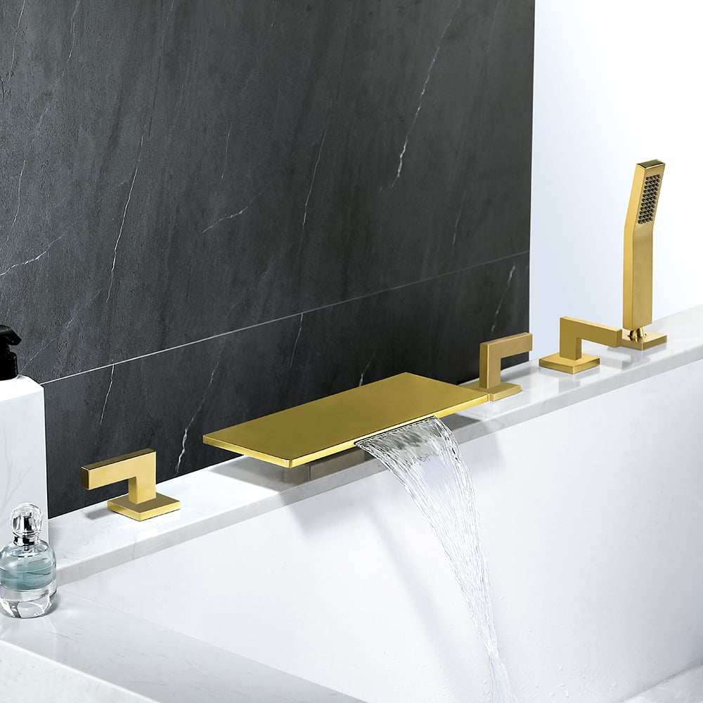 HMR - Modern Waterfall Bathtub Faucet Deck Mounted Tub Filler with Handshower in Brushed Gold
