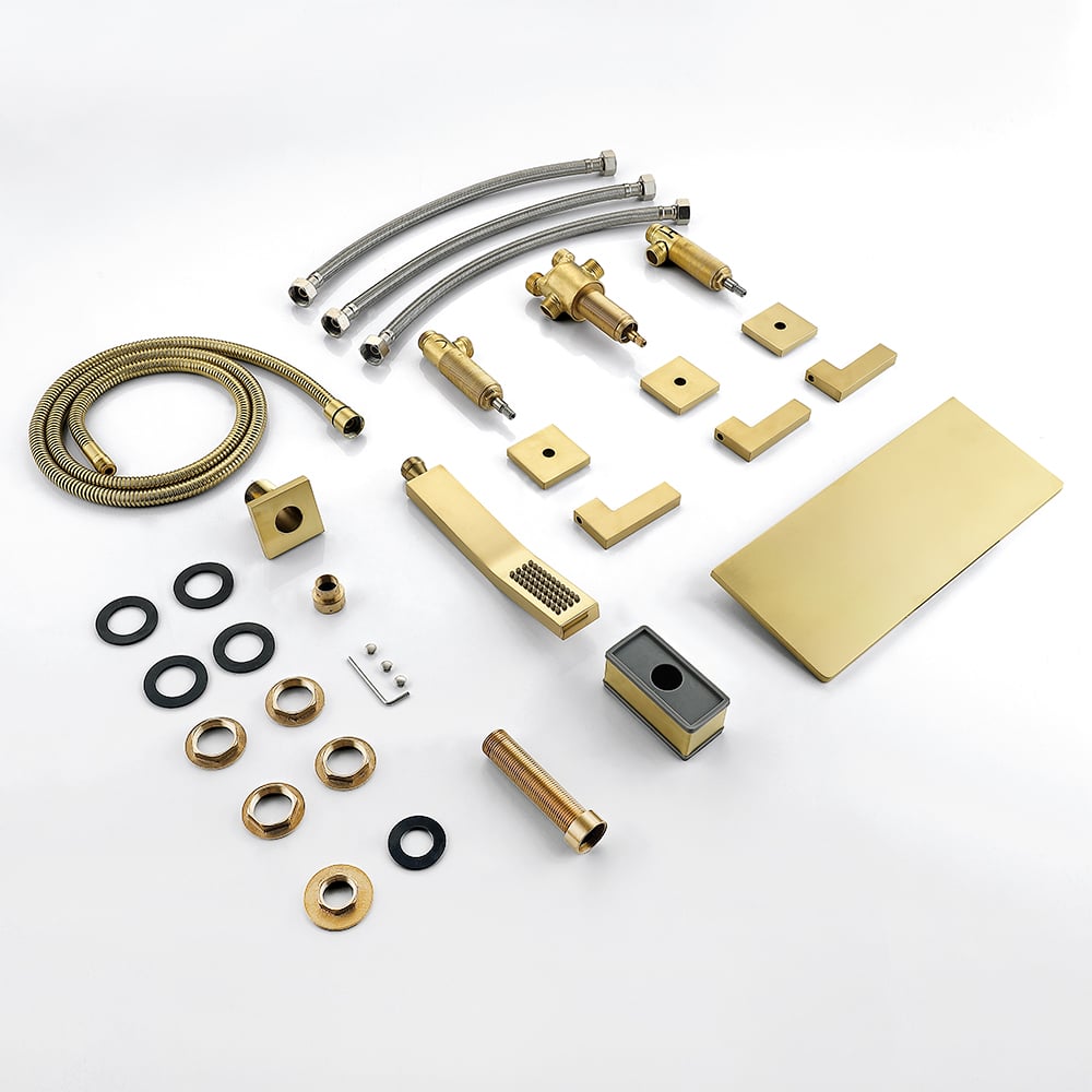 HMR - Modern Waterfall Bathtub Faucet Deck Mounted Tub Filler with Handshower in Brushed Gold