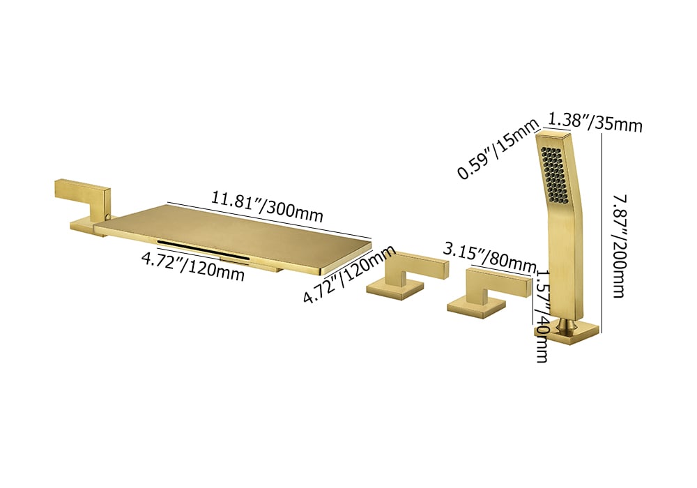 HMR - Modern Waterfall Bathtub Faucet Deck Mounted Tub Filler with Handshower in Brushed Gold