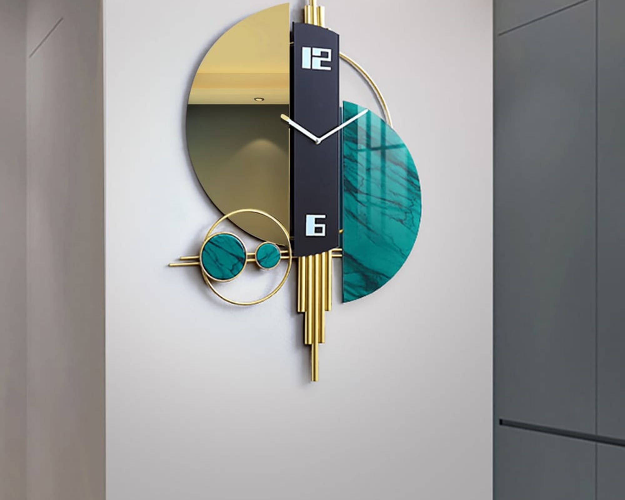 HMR Unique Creative Geometric Oversized Wall Clock - Green/Gold/Black, Style A