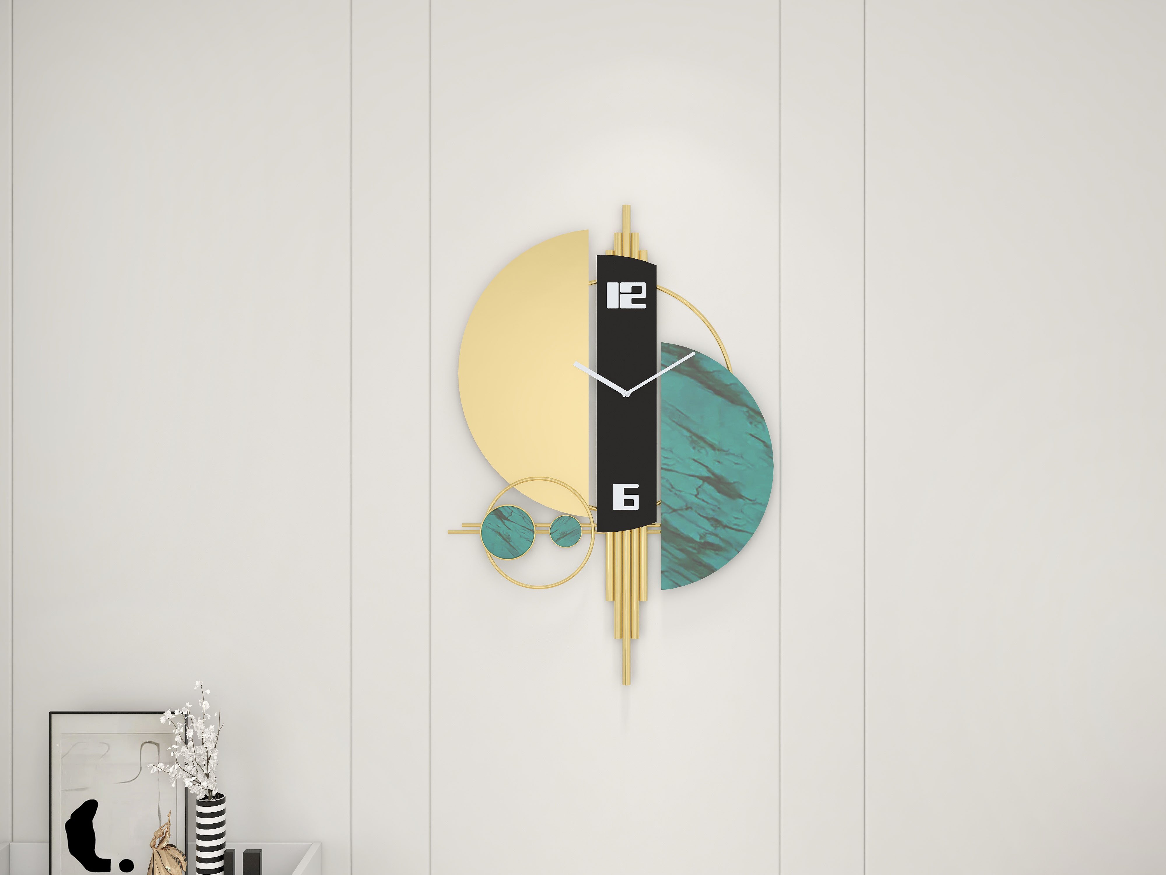 HMR Unique Creative Geometric Oversized Wall Clock - Green/Gold/Black, Style A