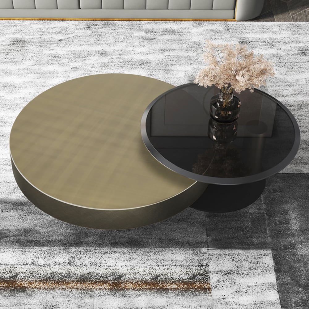 HMR Modern 2-Piece Round Nesting Coffee Table Set with Tempered Glass Top - Gold/Black, 39.4"