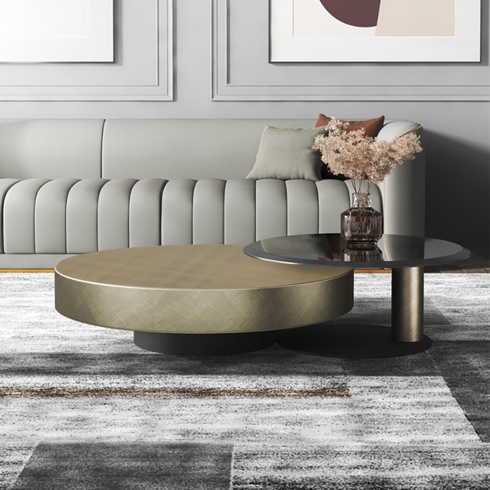HMR Modern 2-Piece Round Nesting Coffee Table Set with Tempered Glass Top - Gold/Black, 39.4"