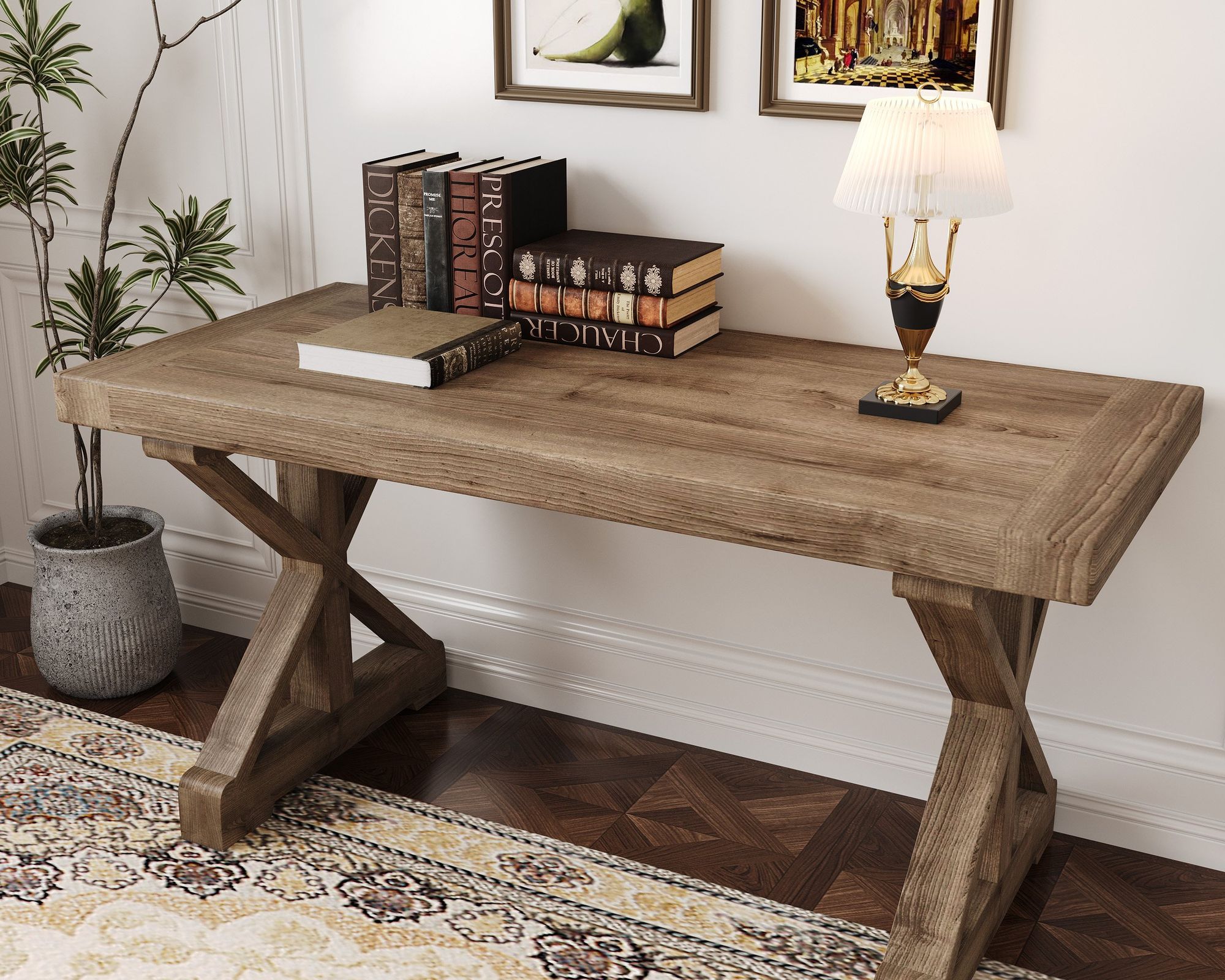 HMR Vintage Style Rectangular Pine wood Farmhouse Desk - Natural, 70.9"