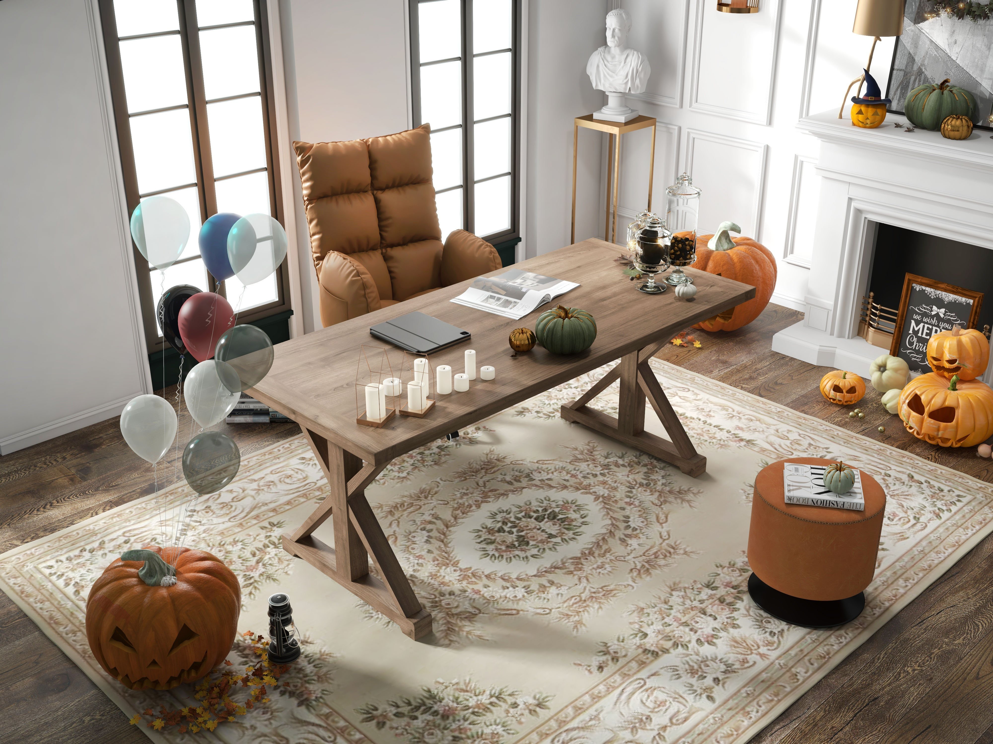 HMR Vintage Style Rectangular Pine wood Farmhouse Desk - Natural, 70.9"