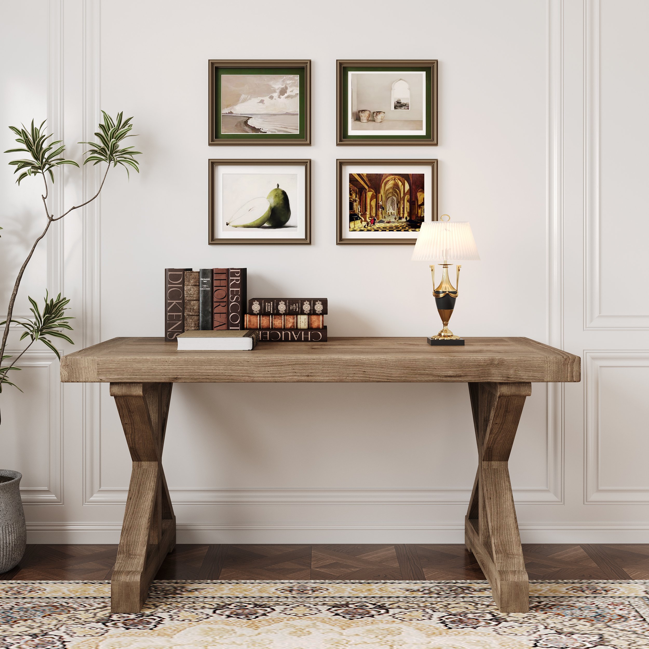 HMR - Vintage Style Rectangular Pine wood Farmhouse Desk