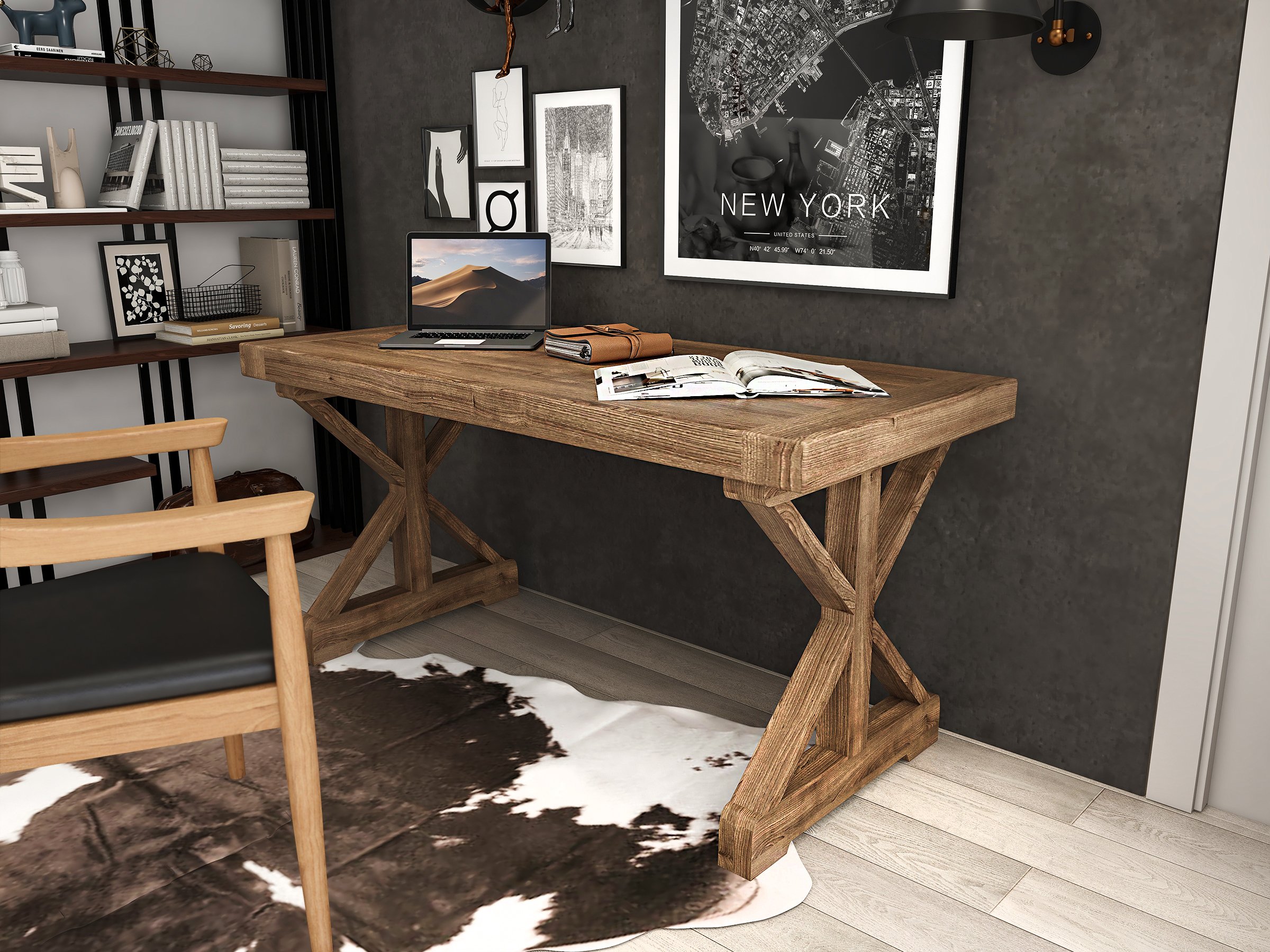 HMR - Vintage Style Rectangular Pine wood Farmhouse Desk