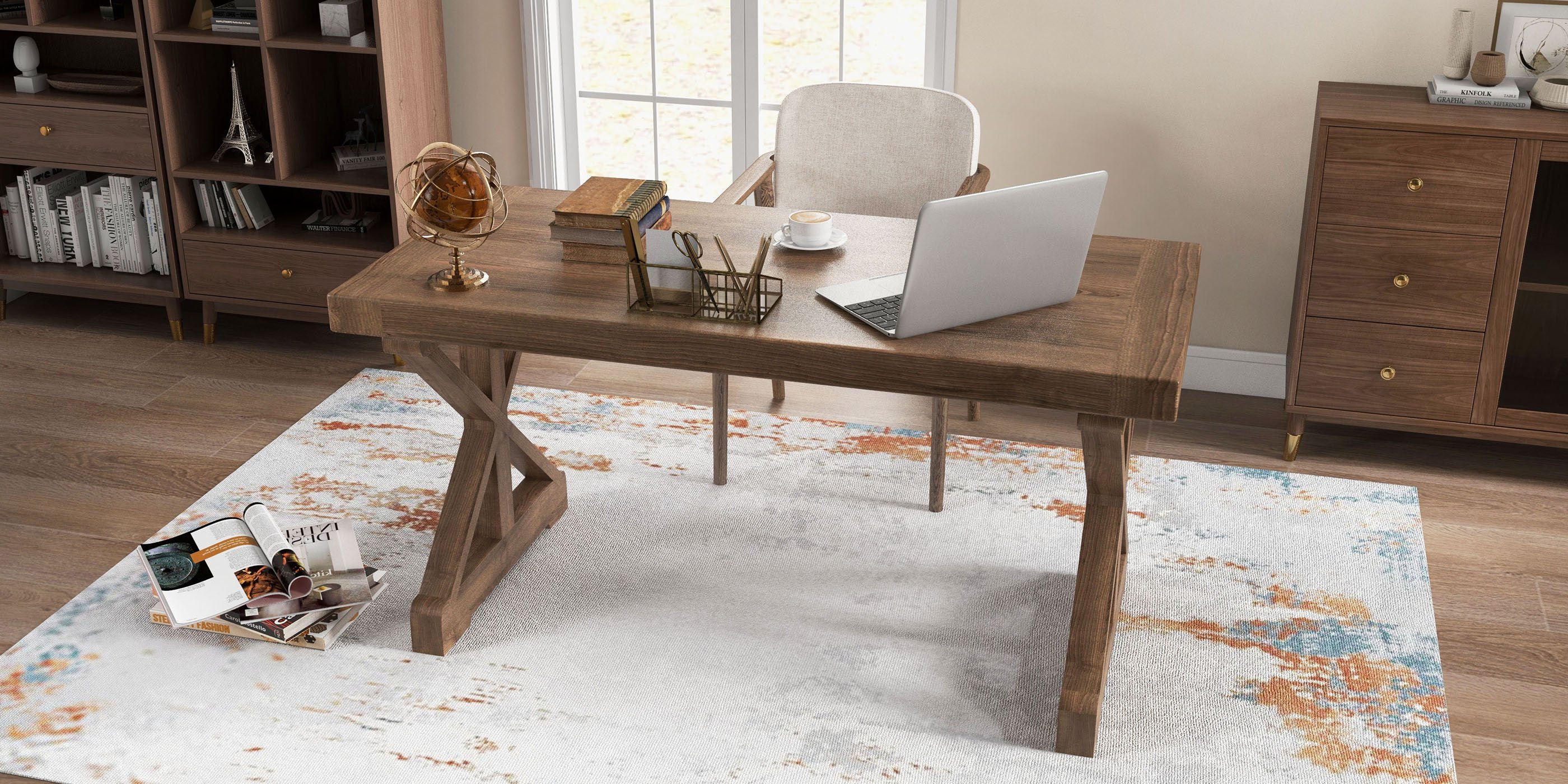 HMR - Vintage Style Rectangular Pine wood Farmhouse Desk