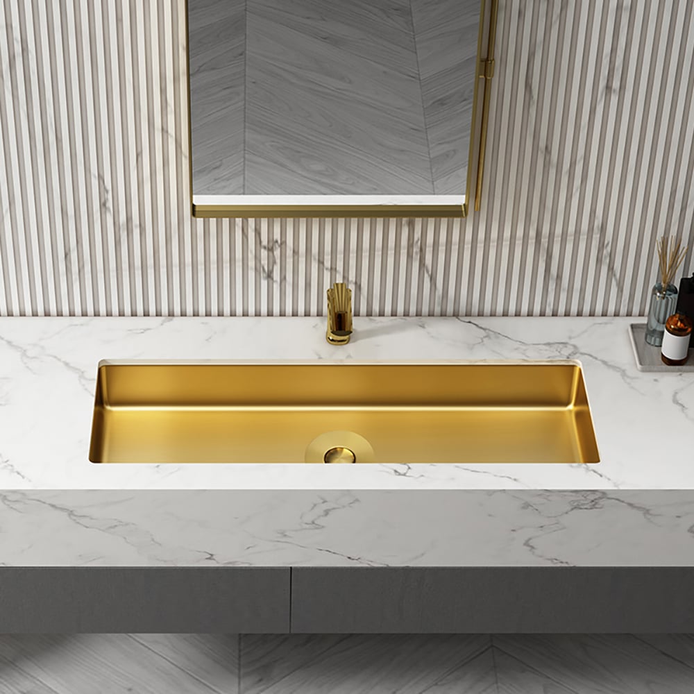 HMR - 42" Undermount Bathroom Sink Rectangular Stainless Steel Luxury with Drain Brushed Gold