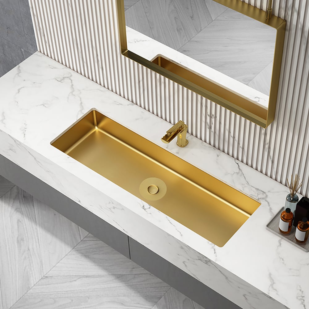 HMR - 42" Undermount Bathroom Sink Rectangular Stainless Steel Luxury with Drain Brushed Gold