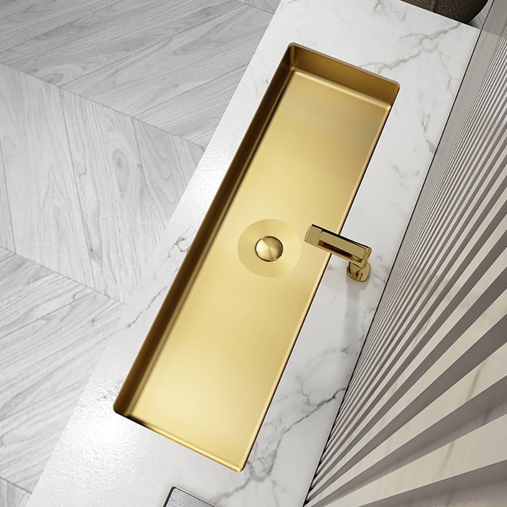 HMR - 42" Undermount Bathroom Sink Rectangular Stainless Steel Luxury with Drain Brushed Gold