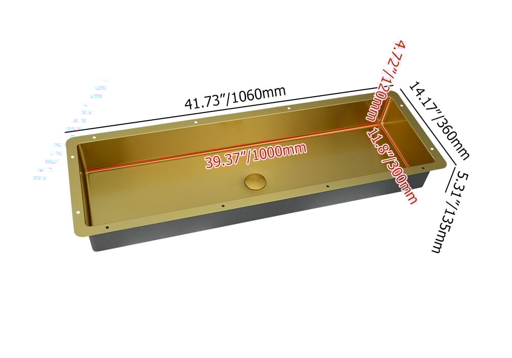 HMR - 42" Undermount Bathroom Sink Rectangular Stainless Steel Luxury with Drain Brushed Gold