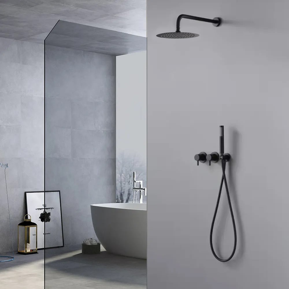 HMR - 10" Wall-Mounted Round Black Shower System 2-Function with Hand Shower