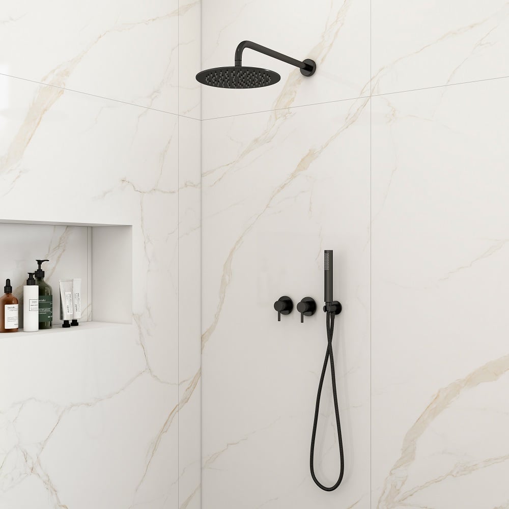 HMR - 10" Wall-Mounted Round Black Shower System 2-Function with Hand Shower