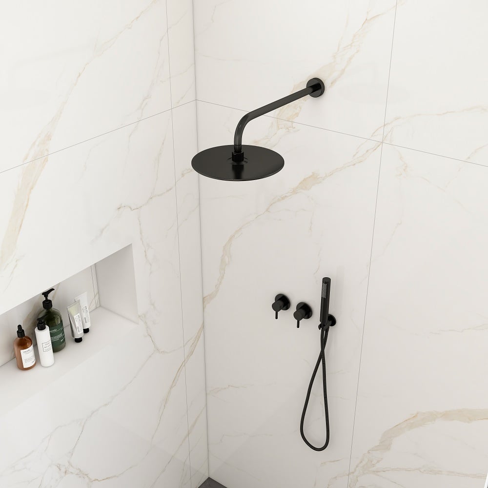 HMR - 10" Wall-Mounted Round Black Shower System 2-Function with Hand Shower