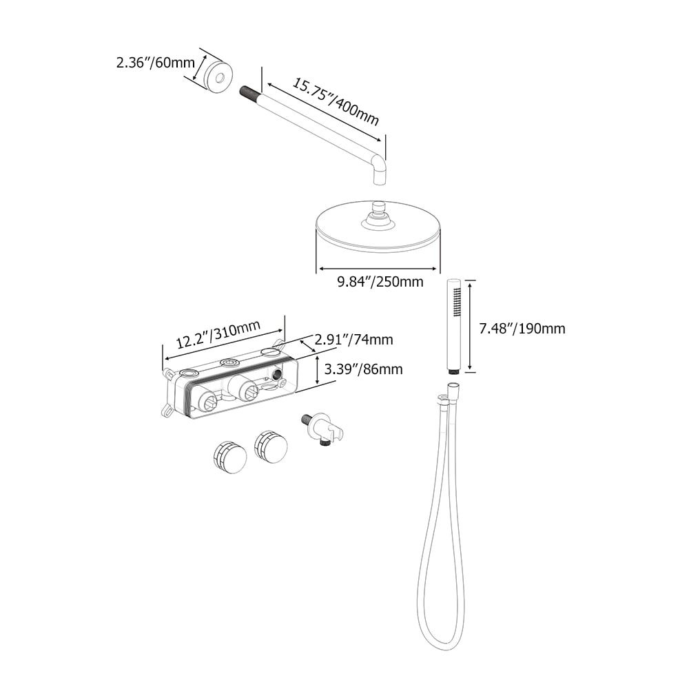 HMR - 10" Wall-Mounted Round Black Shower System 2-Function with Hand Shower