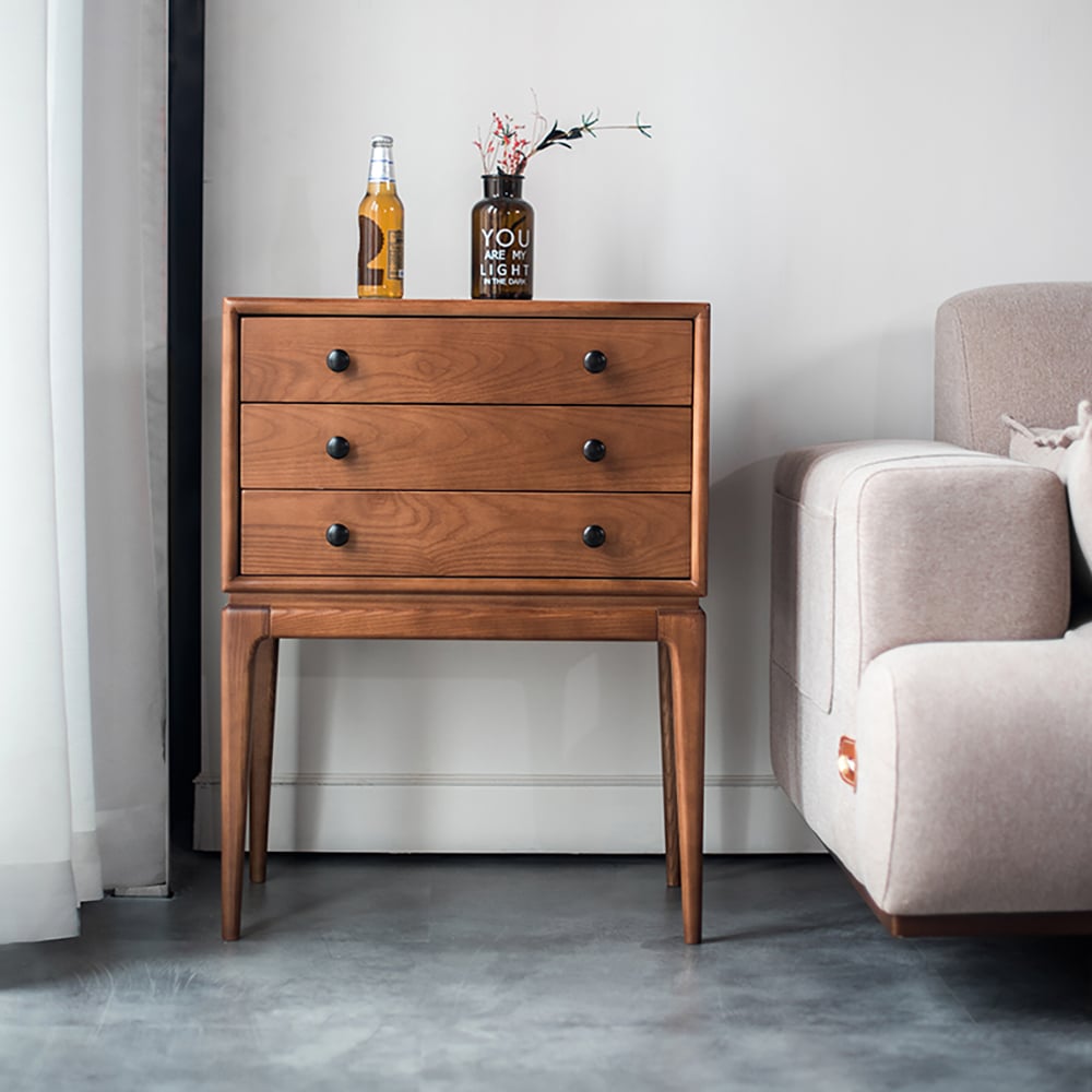 HMR - Tanic Mid Century Modern Chest Cabinet with Storage 3 Drawers of Ash Wood in Walnut