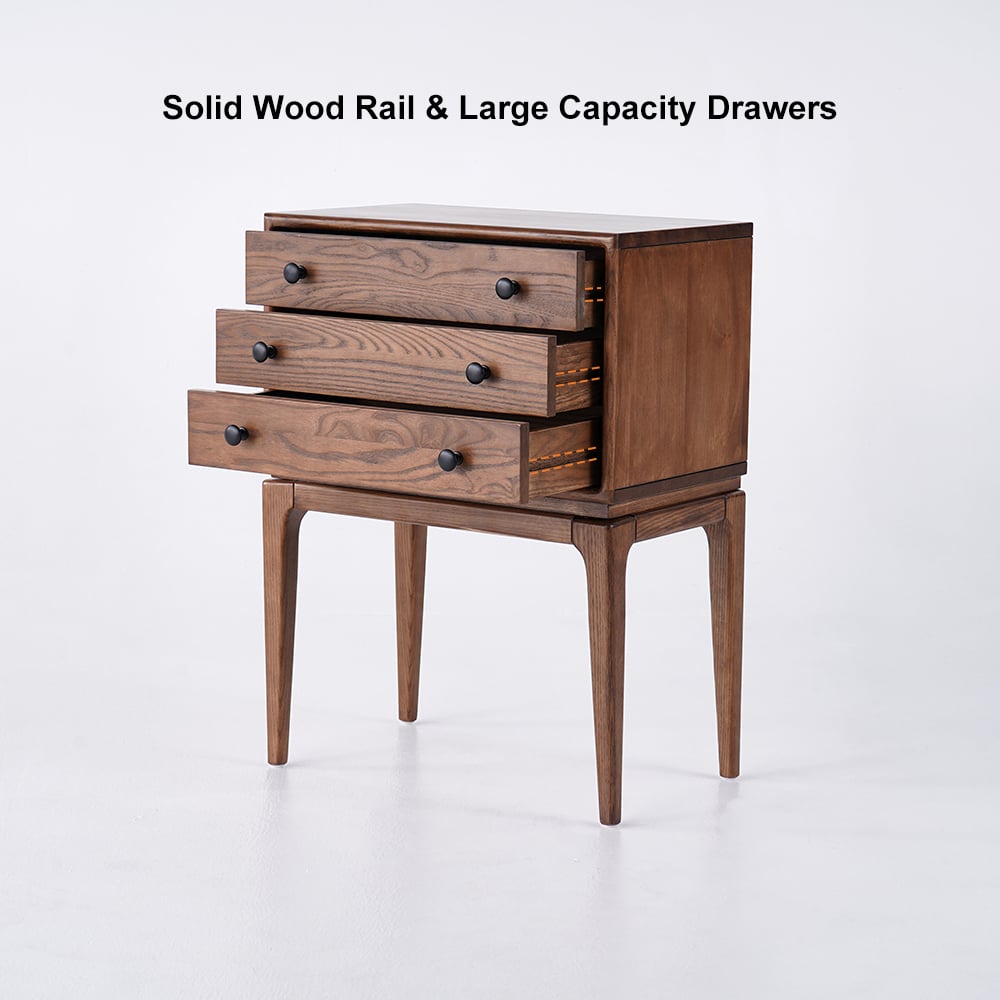 HMR - Tanic Mid Century Modern Chest Cabinet with Storage 3 Drawers of Ash Wood in Walnut