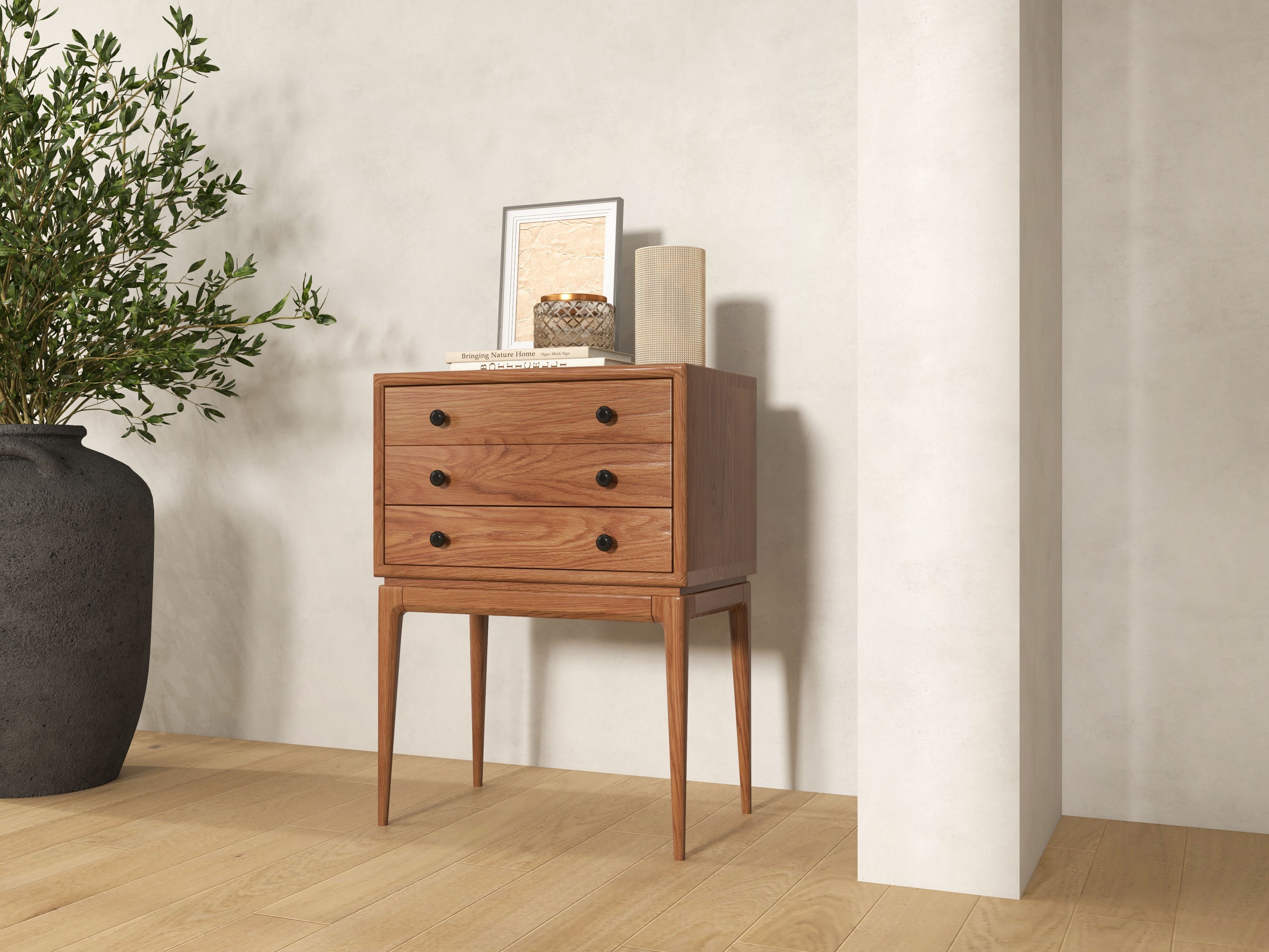 HMR - Tanic Mid Century Modern Chest Cabinet with Storage 3 Drawers of Ash Wood in Walnut