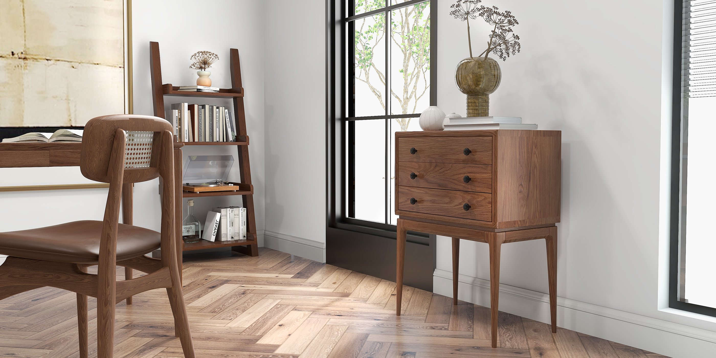 HMR - Tanic Mid Century Modern Chest Cabinet with Storage 3 Drawers of Ash Wood in Walnut