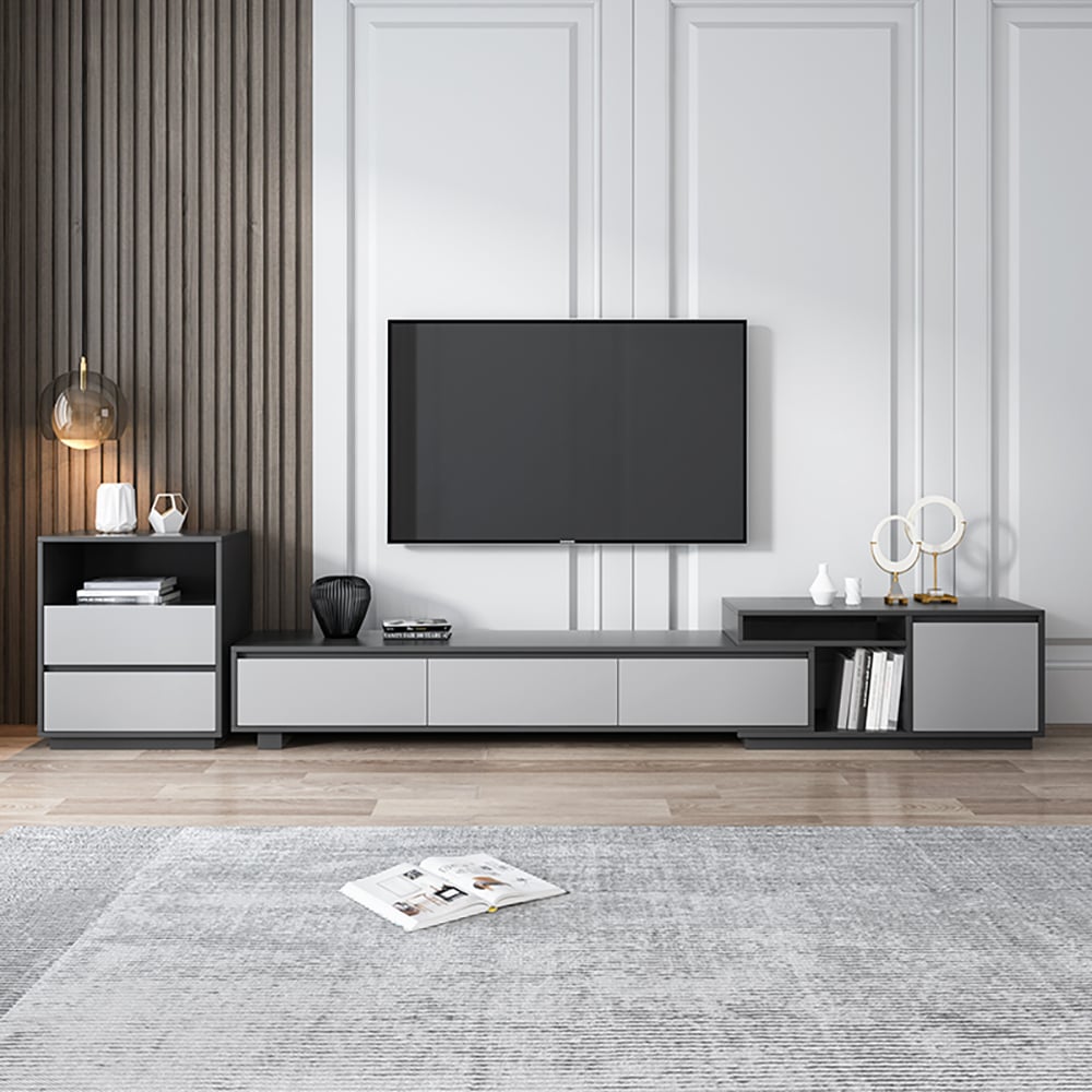 HMR - Modern Black Wood Retracted & Extendable TV Stand with 3-Drawer Up to 120"