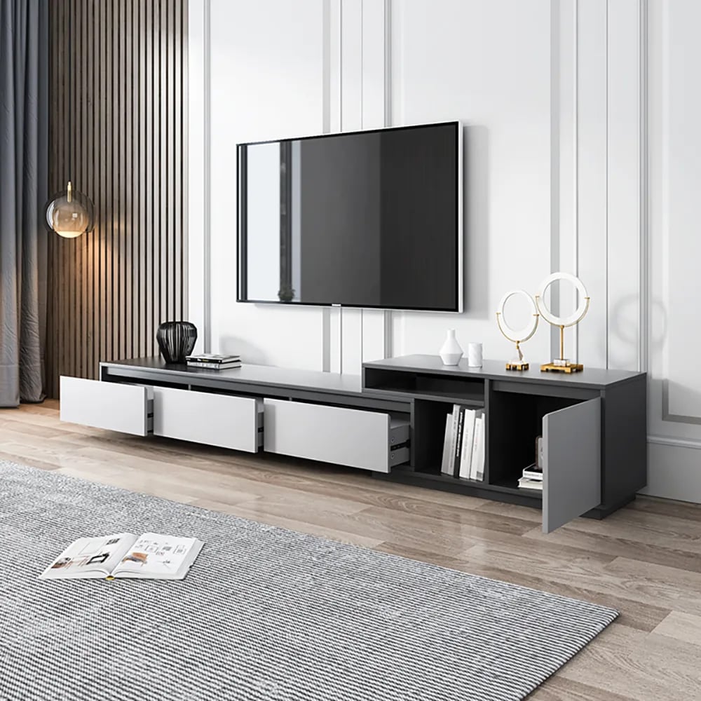 HMR - Modern Black Wood Retracted & Extendable TV Stand with 3-Drawer Up to 120"