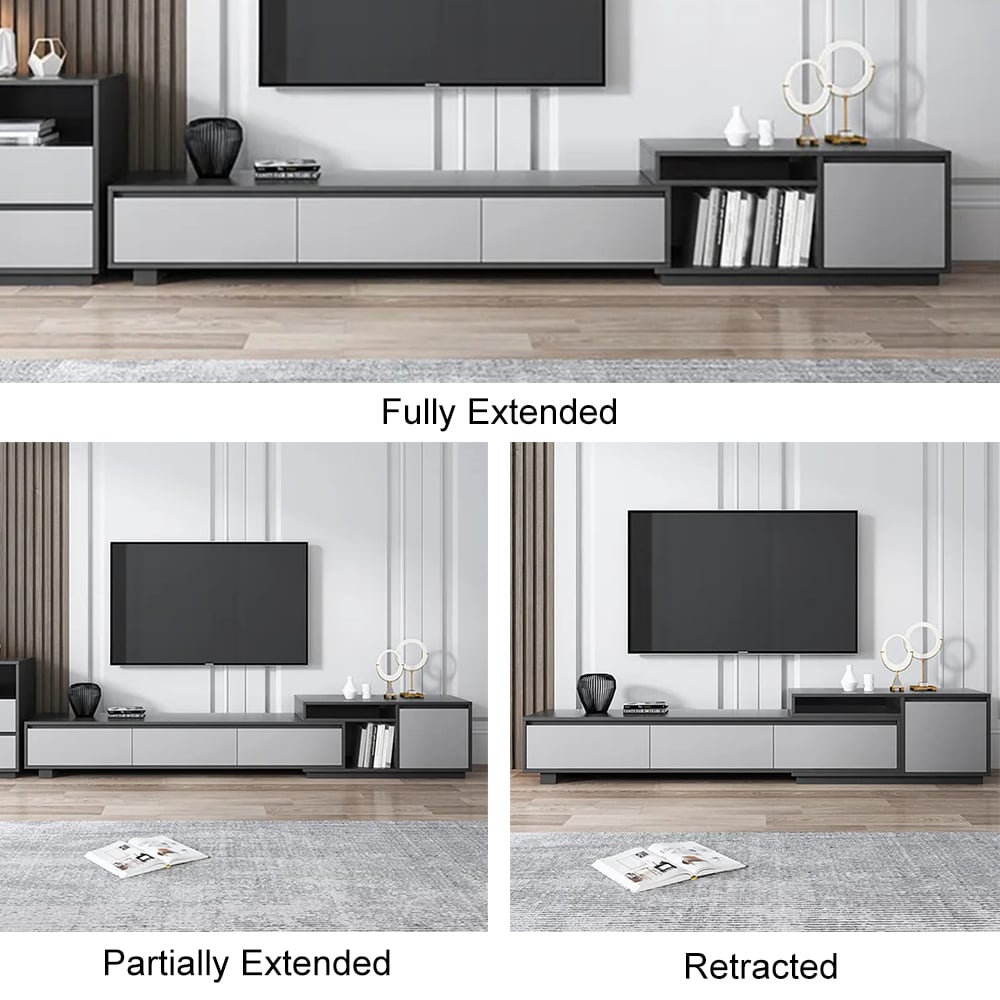 HMR - Modern Black Wood Retracted & Extendable TV Stand with 3-Drawer Up to 120"
