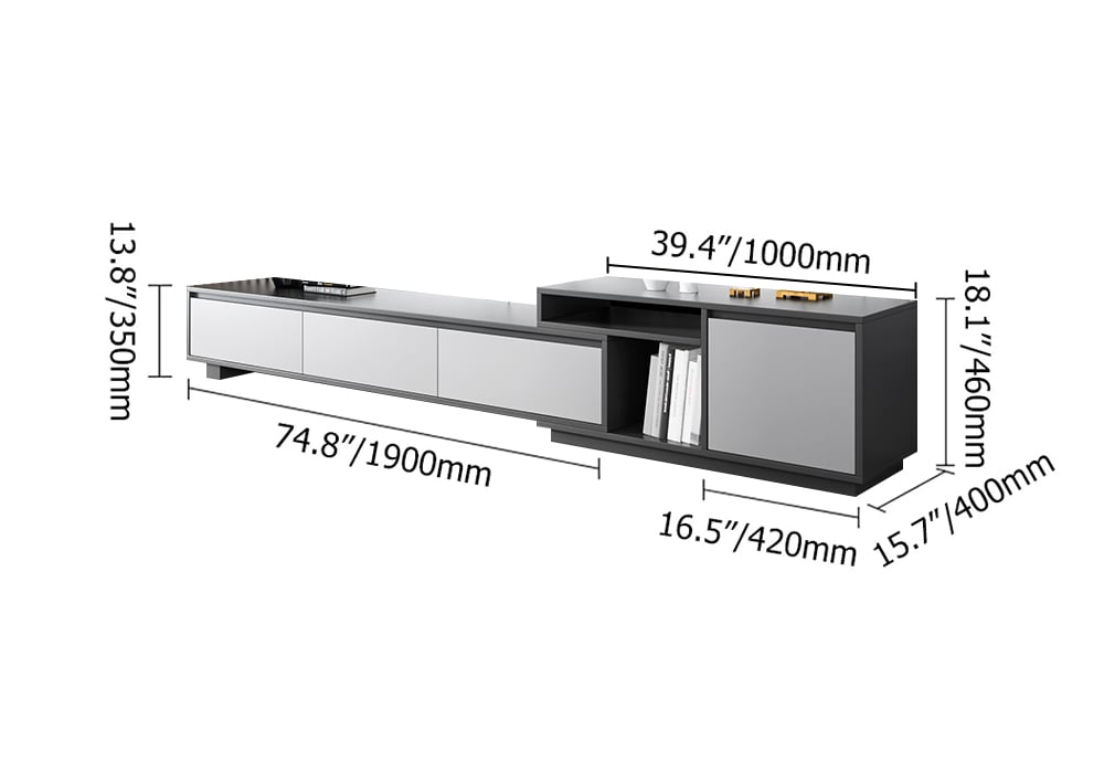 HMR - Modern Black Wood Retracted & Extendable TV Stand with 3-Drawer Up to 120"