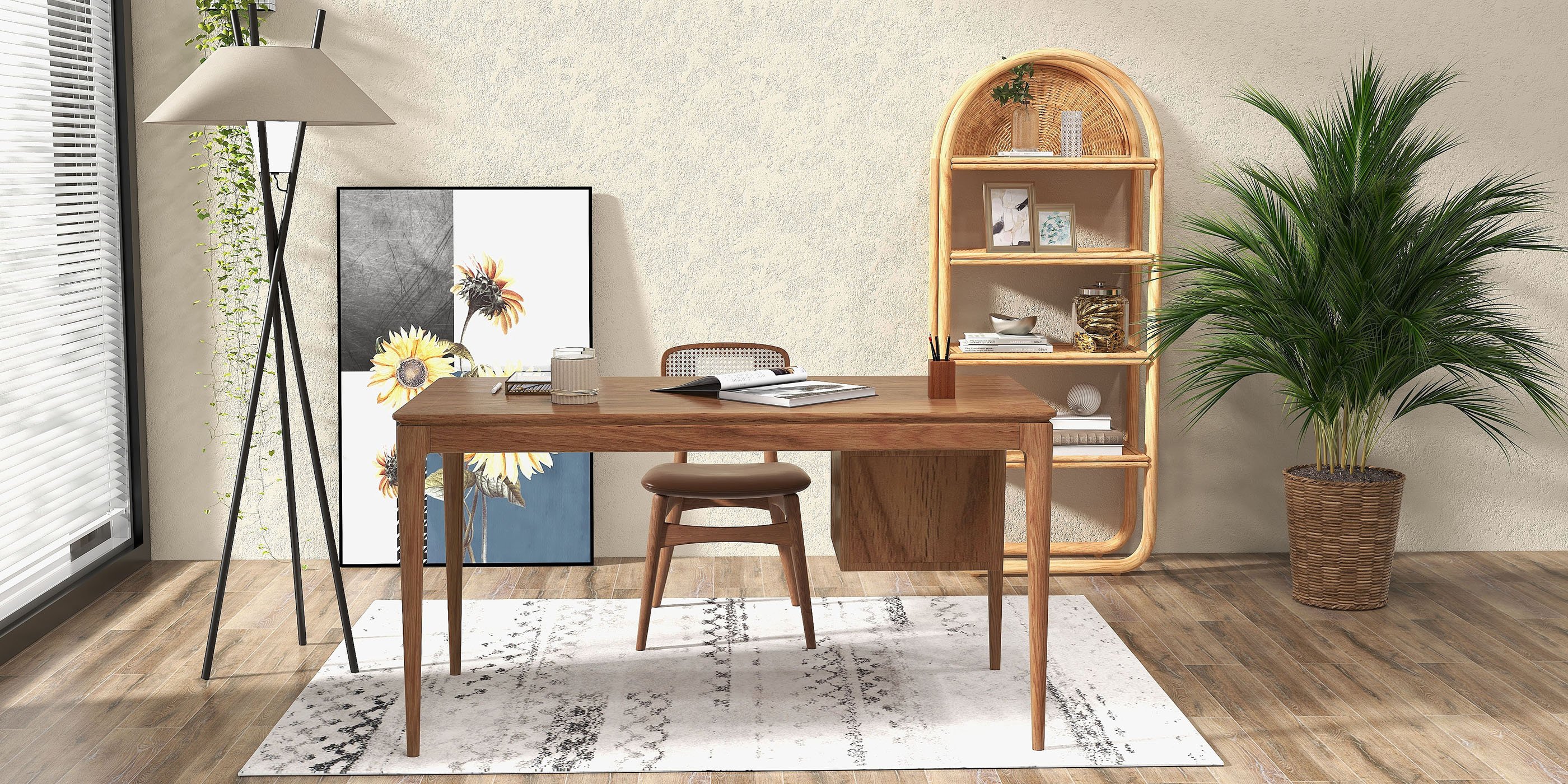 HMR - 55.1" Mid-century Style Walnut Ash Wood Home Office Desk with 3 Drawers