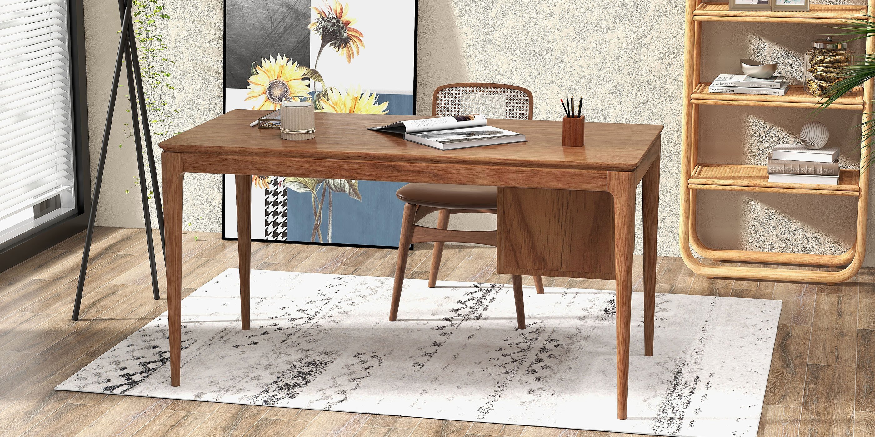 HMR - 55.1" Mid-century Style Walnut Ash Wood Home Office Desk with 3 Drawers