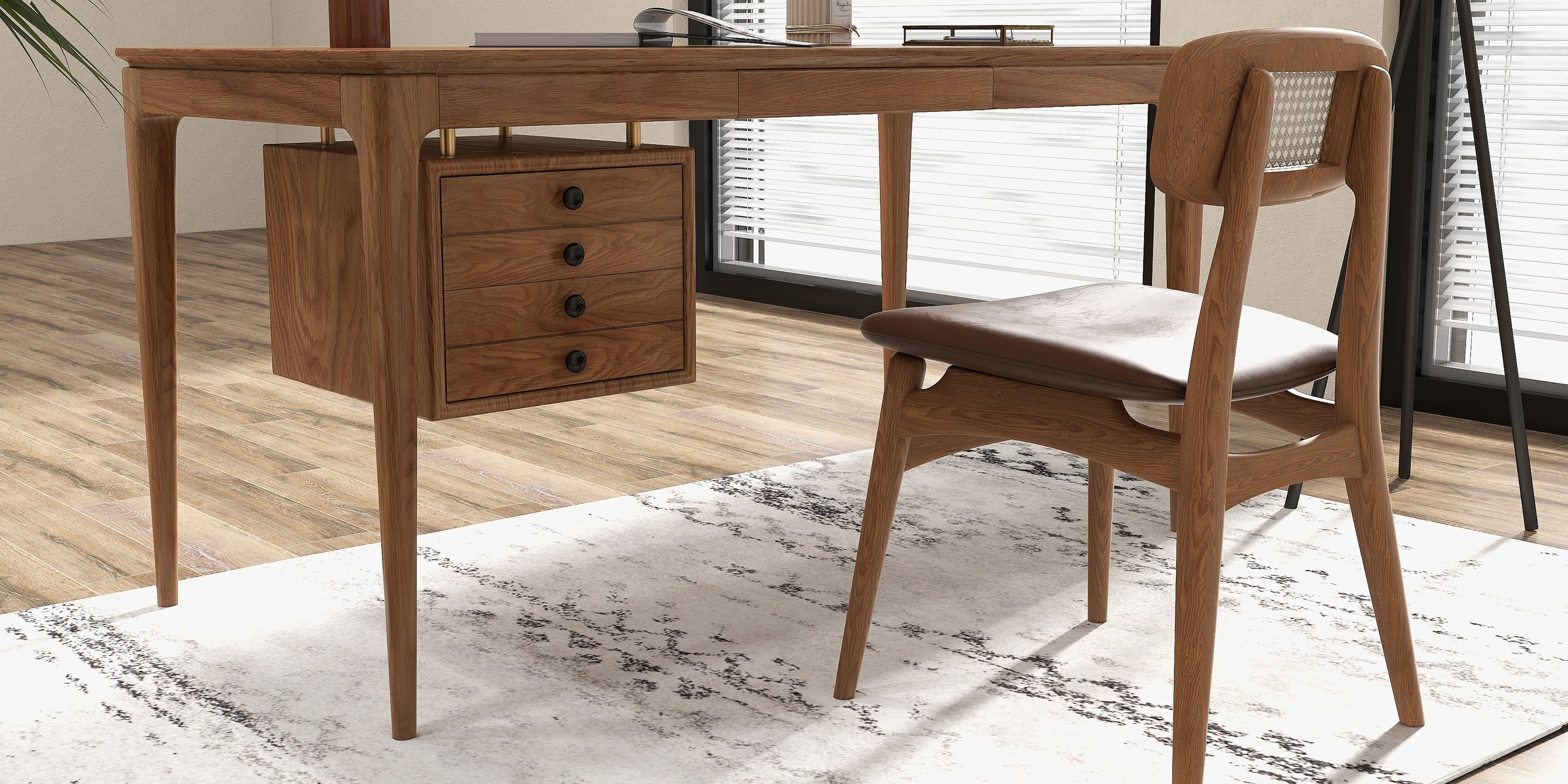 HMR - 55.1" Mid-century Style Walnut Ash Wood Home Office Desk with 3 Drawers
