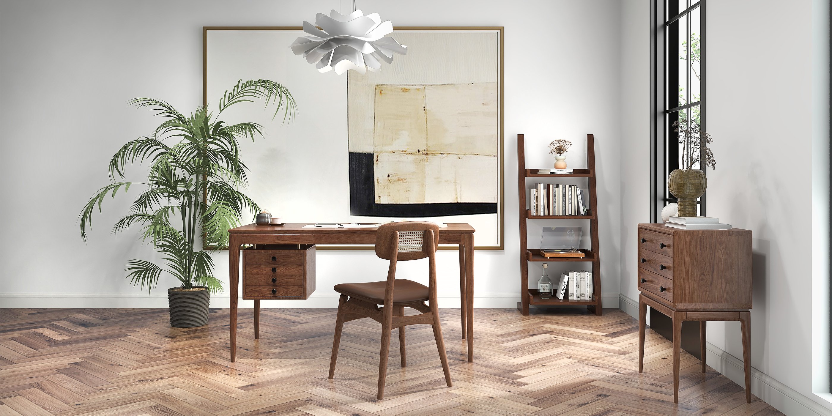 HMR - 55.1" Mid-century Style Walnut Ash Wood Home Office Desk with 3 Drawers