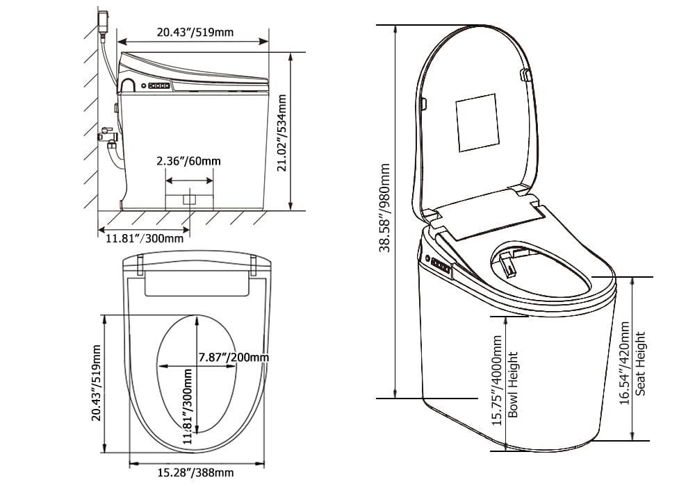 HMR - Compact Smart Bidet Toilet with Automatic Flushing 1.28 GPF