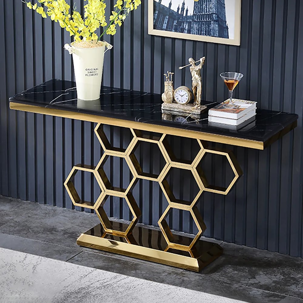 HMR - 59" Modern Rectangle Black Marble Console Table Narrow Entryway Table