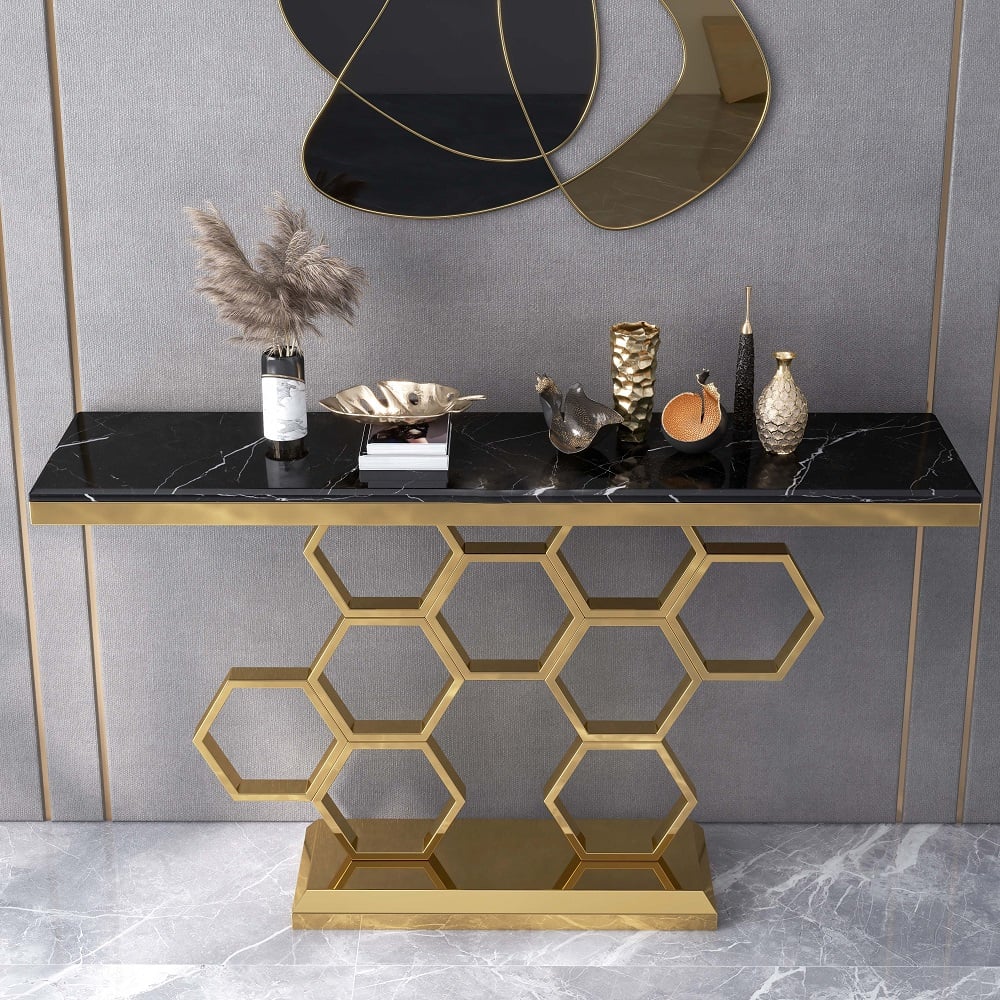 HMR - 59" Modern Rectangle Black Marble Console Table Narrow Entryway Table