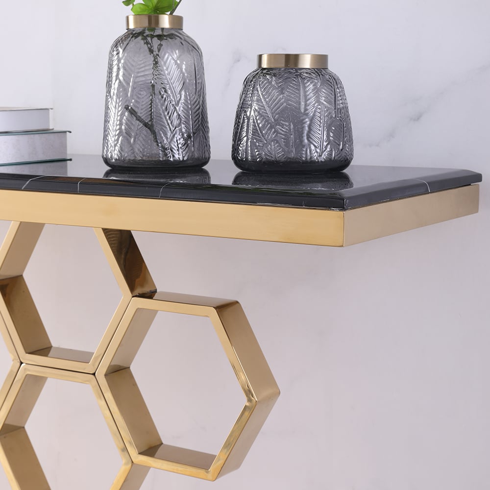 HMR - 59" Modern Rectangle Black Marble Console Table Narrow Entryway Table