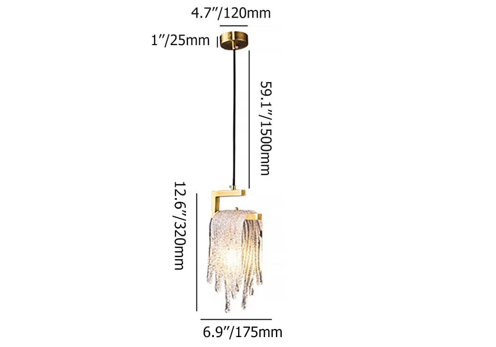 HMR - Modern Gold Pendant Light 1-Light Handmade Glass Waterfall for Bedroom and Living Room