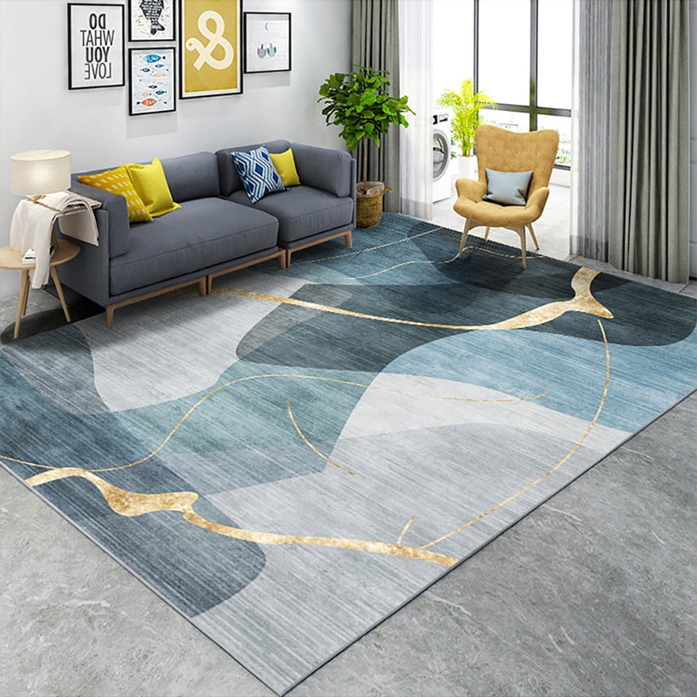 HMR - Multi-purpose Modern Style Nylon Retangular Blue & Gold Florid Area Rug