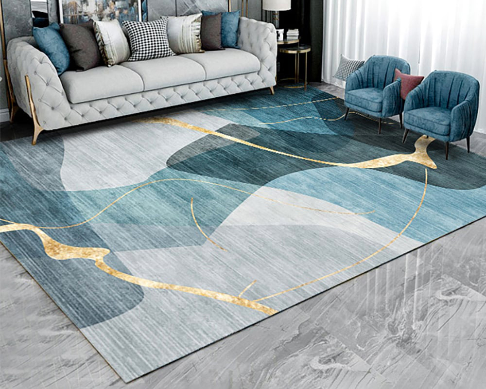 HMR Multi-purpose Modern Style Nylon Retangular Blue & Gold Florid Area Rug - 5' x 8'