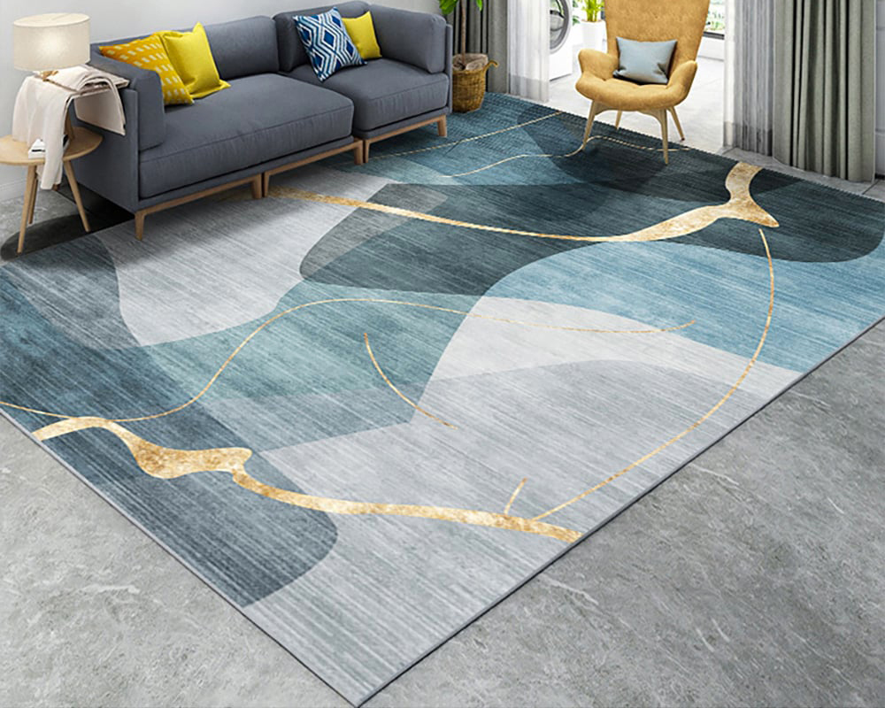 HMR Multi-purpose Modern Style Nylon Retangular Blue & Gold Florid Area Rug - 6' x 9'