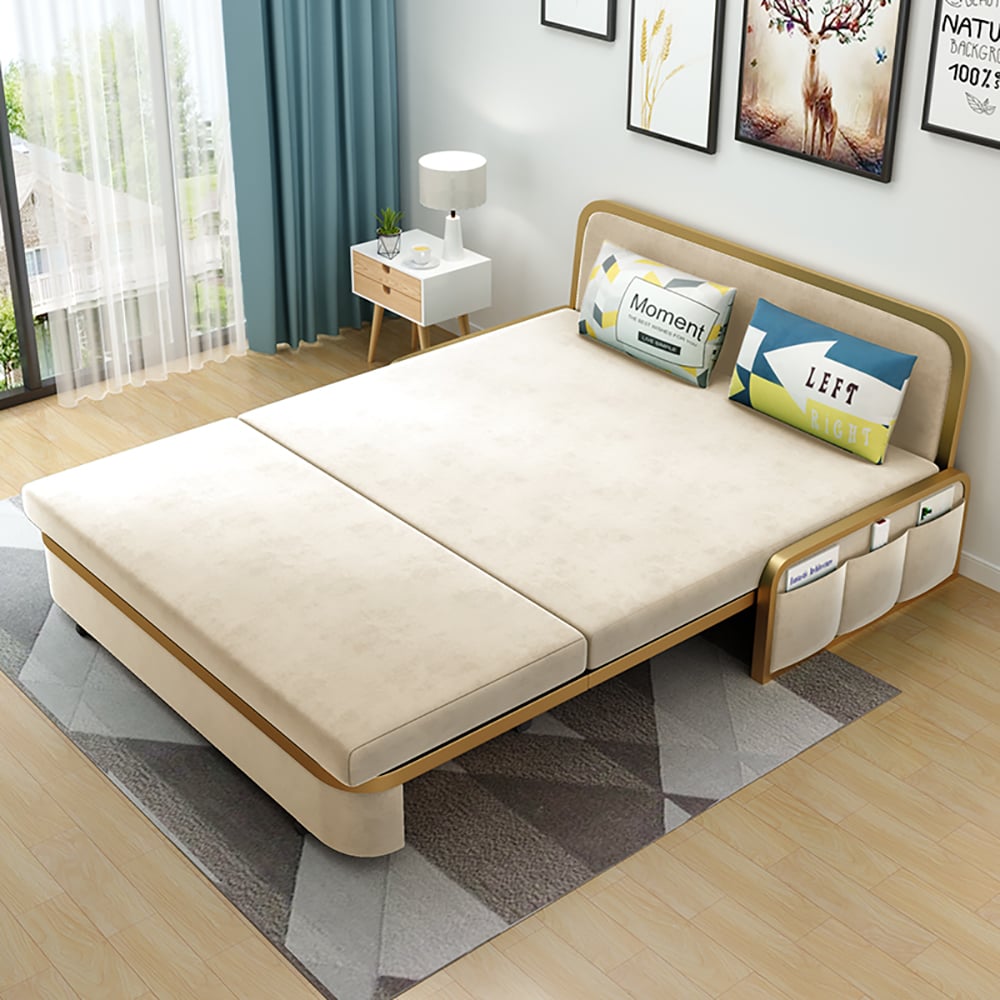 HMR 2-Seater Velvet Convertible Sleeper Sofa - Beige, Queen Size
