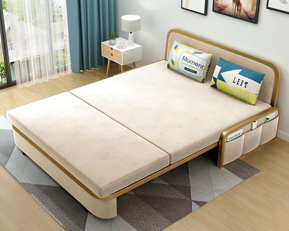 HMR 2-Seater Velvet Convertible Sleeper Sofa - Beige, Queen Size