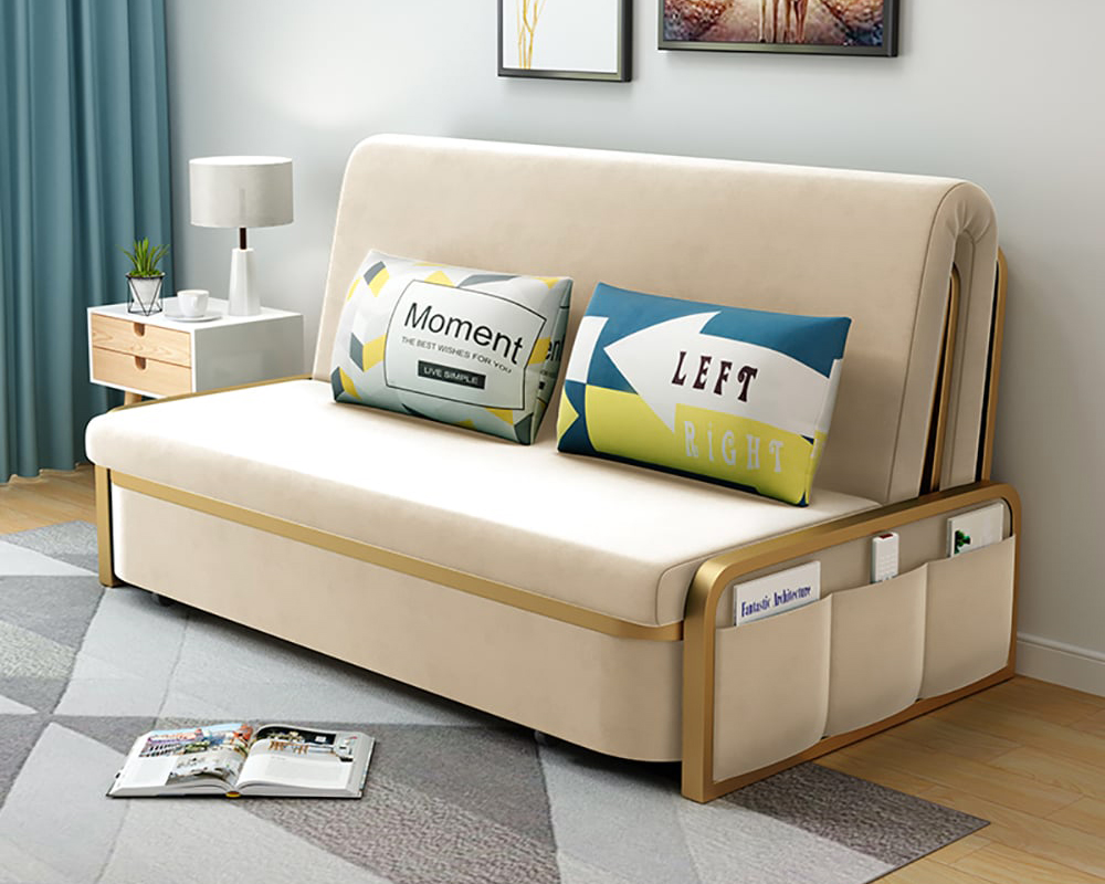 HMR 2-Seater Velvet Convertible Sleeper Sofa - Beige, Queen Size